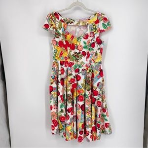 Belle Poque Cap Sleeve Floral Fruit Print Knee Length Swing Retro Dress Size XL